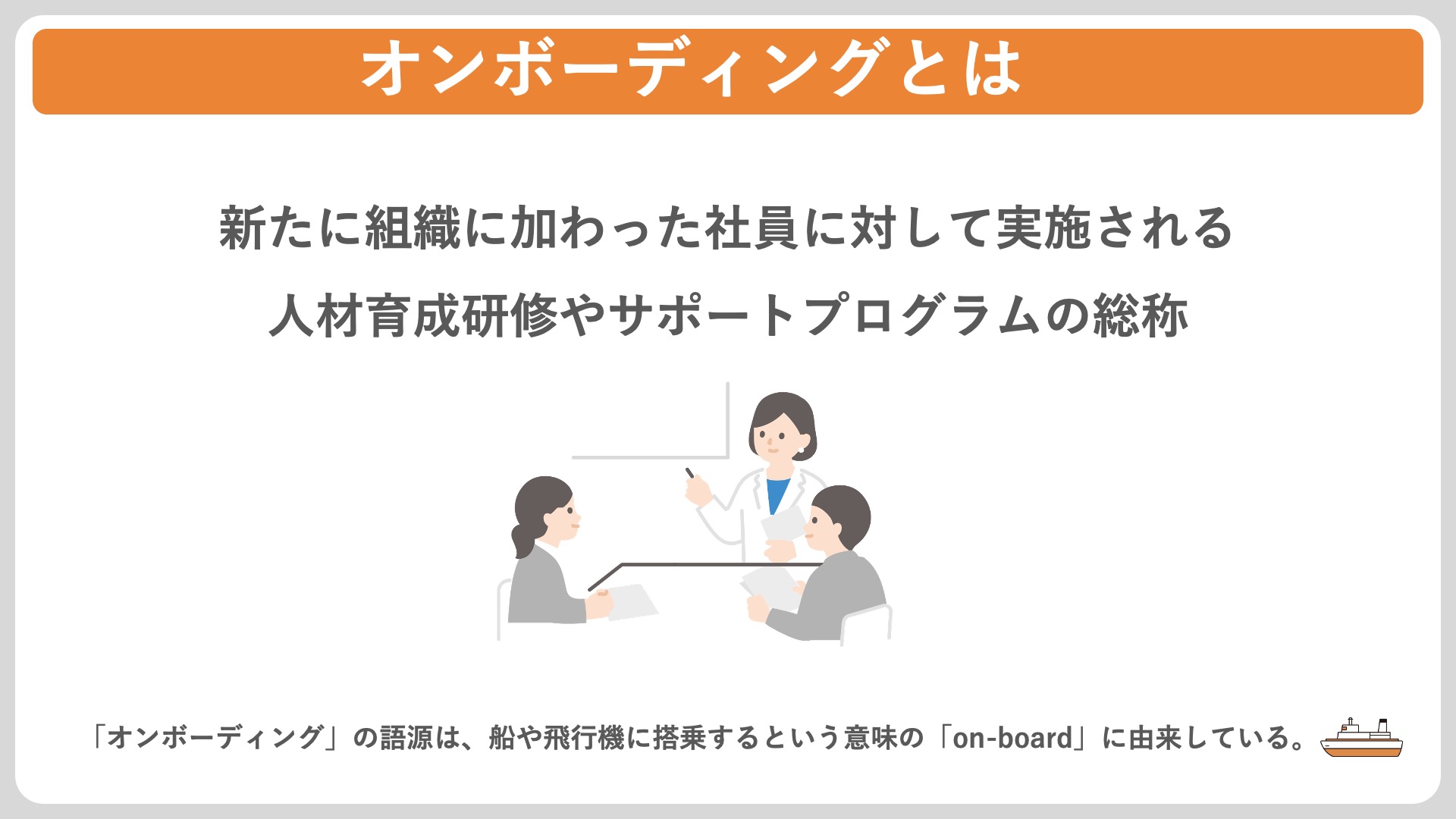 オンボーディングとは 新たに組織に加わった社員に対して実施される人材育成研修やサポートプログラムの総称
